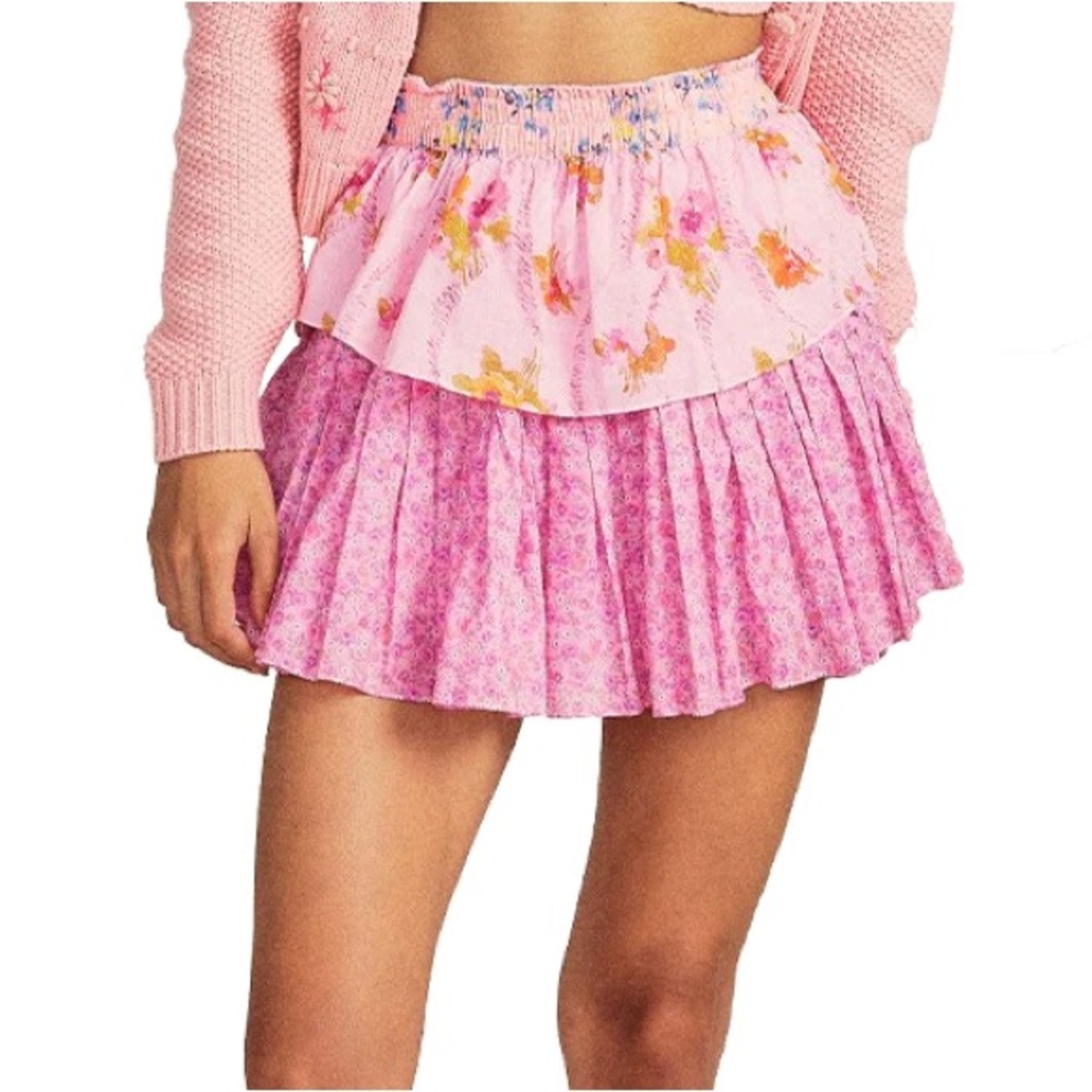LoveShackFancy Ruffle Mini Skirt in Exploded Pink Mixed Print Floral